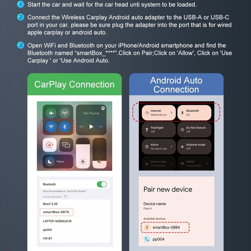 2 in 1 Car Adapter, Wired to Wireless Mini Box Plug & Play Adapter, Bluetooth-compatible WiFi Fast Auto Connect Smart Dongle for CarPlay Android Auto