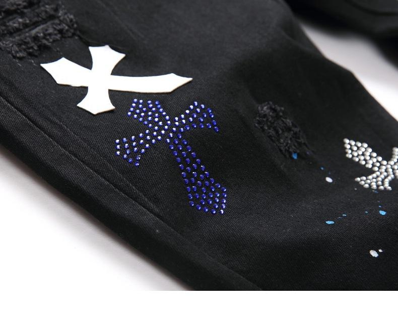 European and American High Street Black Cross Badge Rhinestone Distressed Jeans Men's Slim Fit Casual Long Pants Trendy Brand Streetwear Menswear