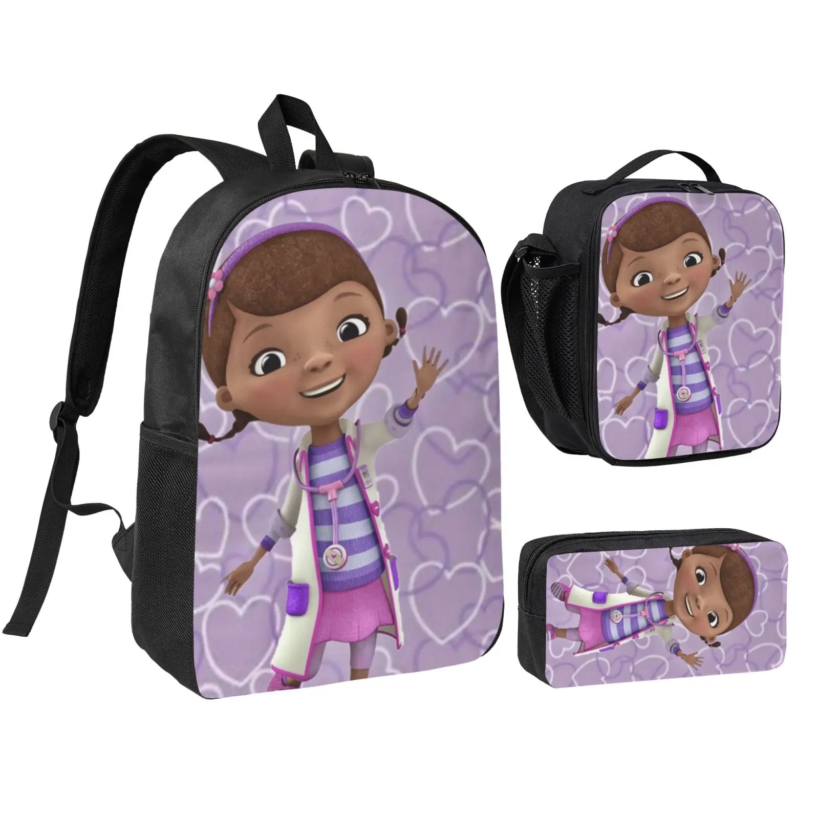 Anime Doc Mcstuffins1 3Pcs School Backpack Set for Teen Boys Girls, Adjustable Strap Kids Bookbag with Insulated Lunch Bag & Pencil Case, Multipurpose Backpack for School Travel Office