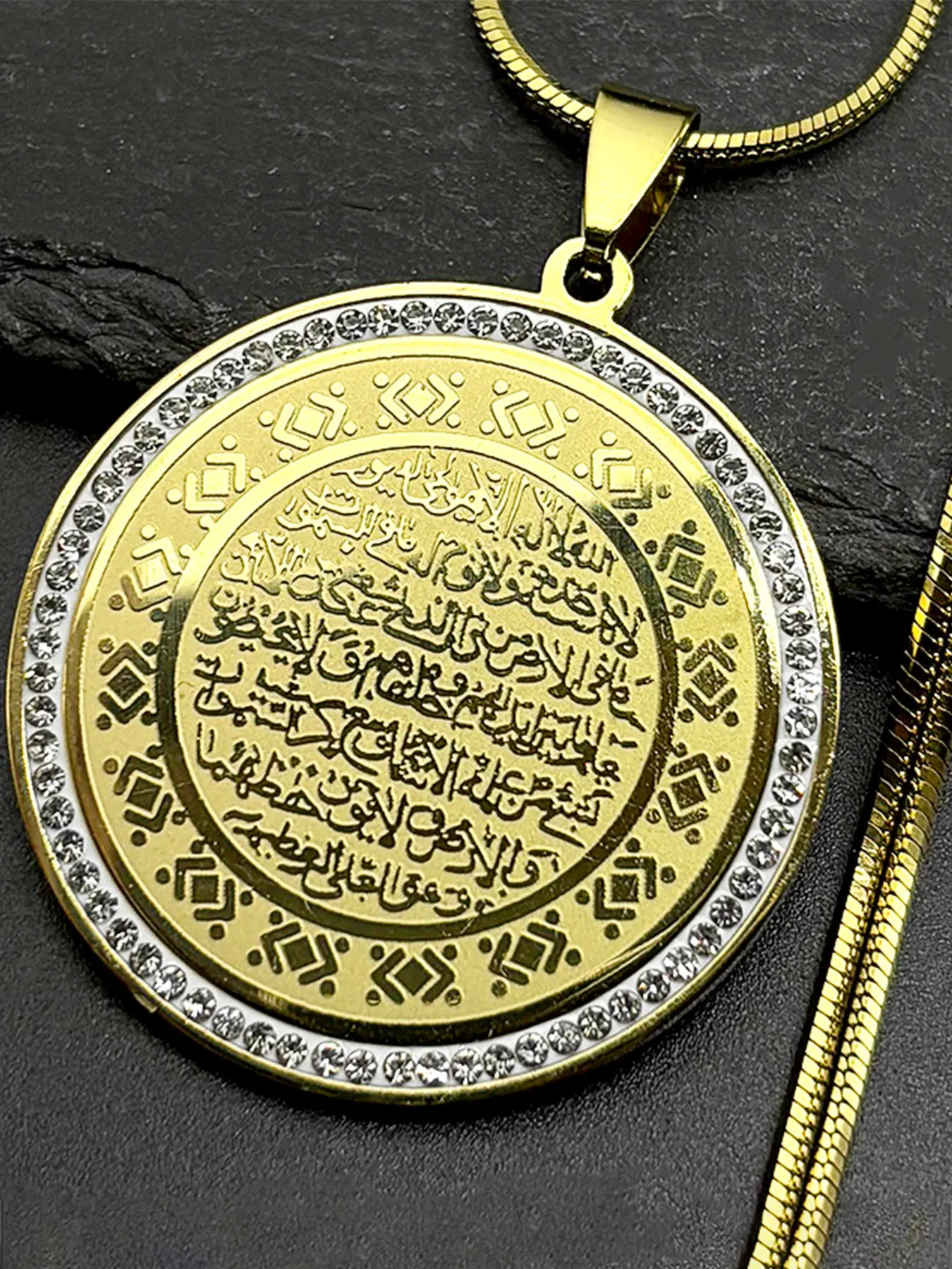 Islam Muslim Allah Quran Medal Stainless Steel Necklace for Women Men Gold Color Rhinestones Arabic Pendant Necklaces