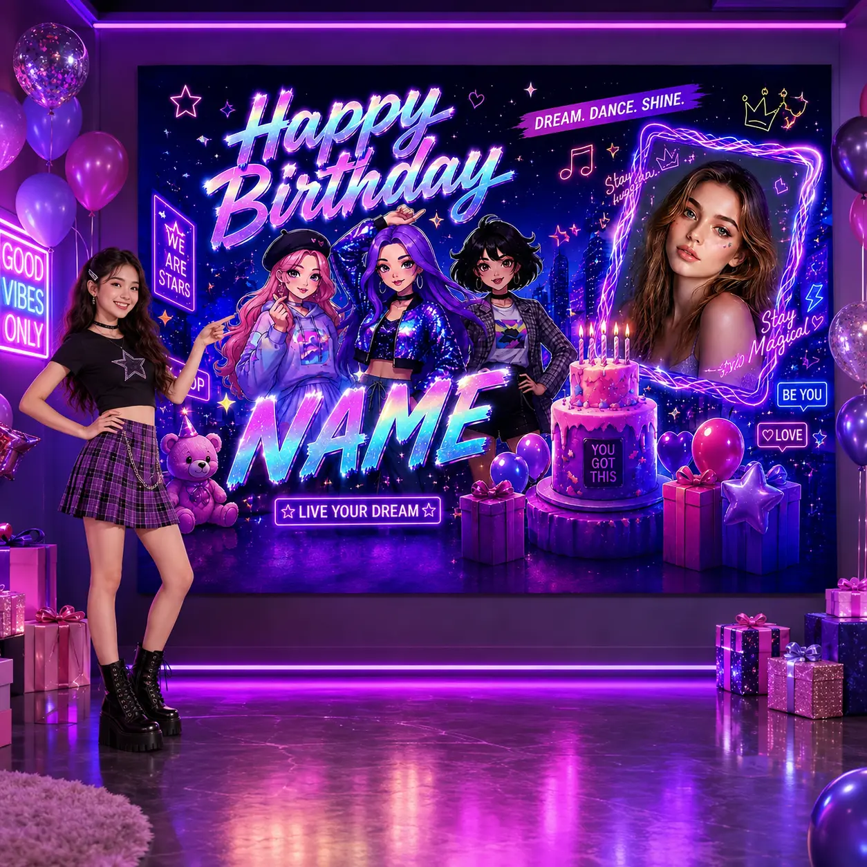 Personalized Neon Pop Idol Birthday Backdrop – Custom Photo & Name Purple Music Party Decor
