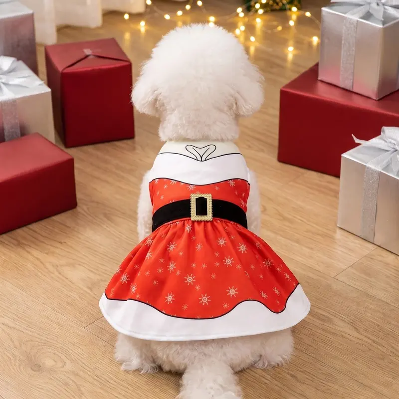 Christmas Dog Dress Pet Clothes, Santa Claus Costume Princess Skirt with Black Belt and Snowflake Print Cat Girl Apparel Outfit, Holiday Dress Up Clothes, Winter Warm Xmas New Year Party Cosplay Costume For Small Medium Large Dogs Cats Puppy