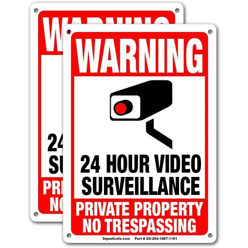 24 Hours video surveillance sign, Private Property Trespassing Signs,2-Pack, 10 7 Inches, Security camera for home, Business, Reflective, Driveway Alert CCTV Indoor Outdoor Use
