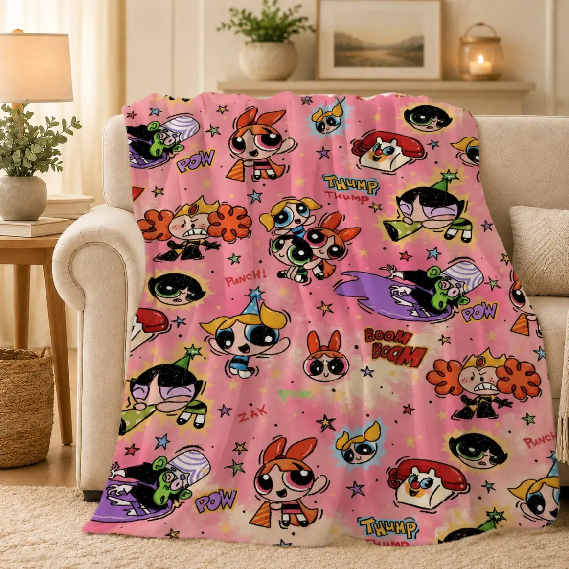 Cartoon Powerpuff Girls Cute Flannel Blanket Adult And Children Premium Plush Throw Ultra Soft Warm Sofa Bed Home Travel Perfect Gift For Kids Mother's Day Valentine's Day Birthday Christmas Bedding Duvet Bed Sheets Comforter Set