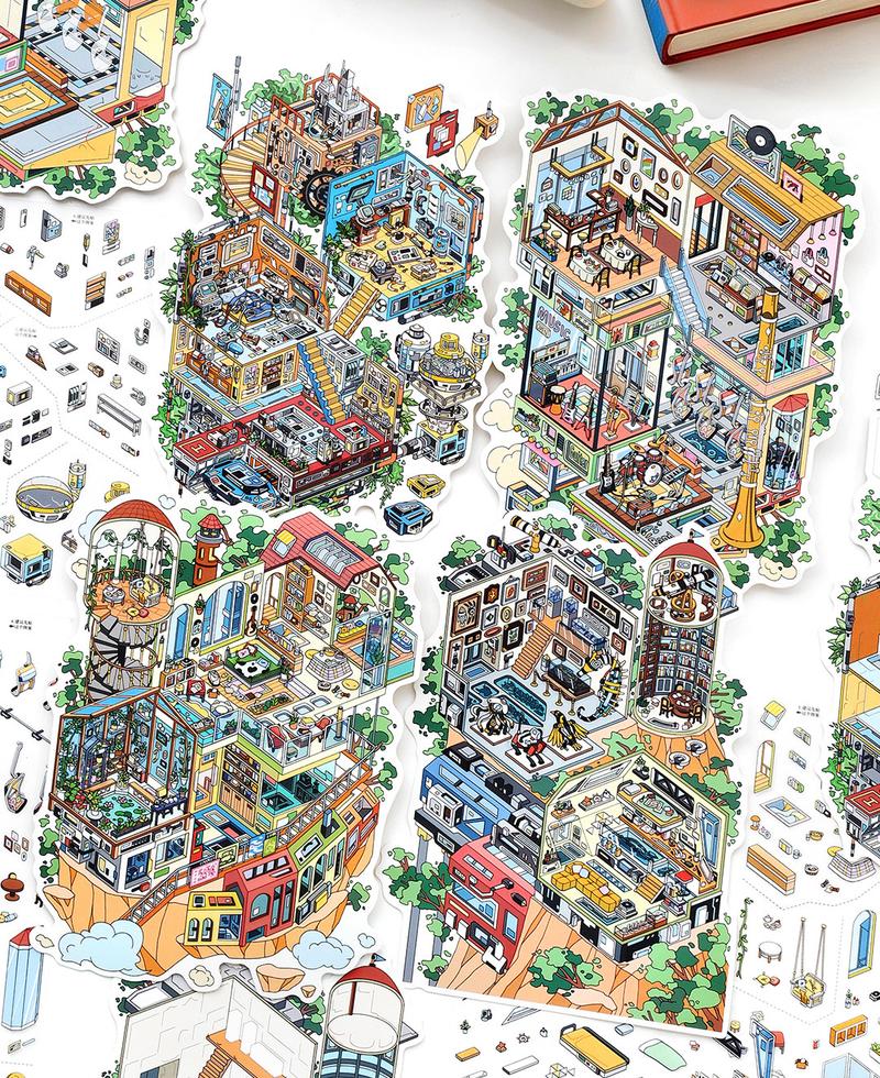 12 oversized scene stickers, fun scene themes, vintage style, PET white card dual materials, self adhesive, DIY journal decoration scrapbook notebook material sticker pack