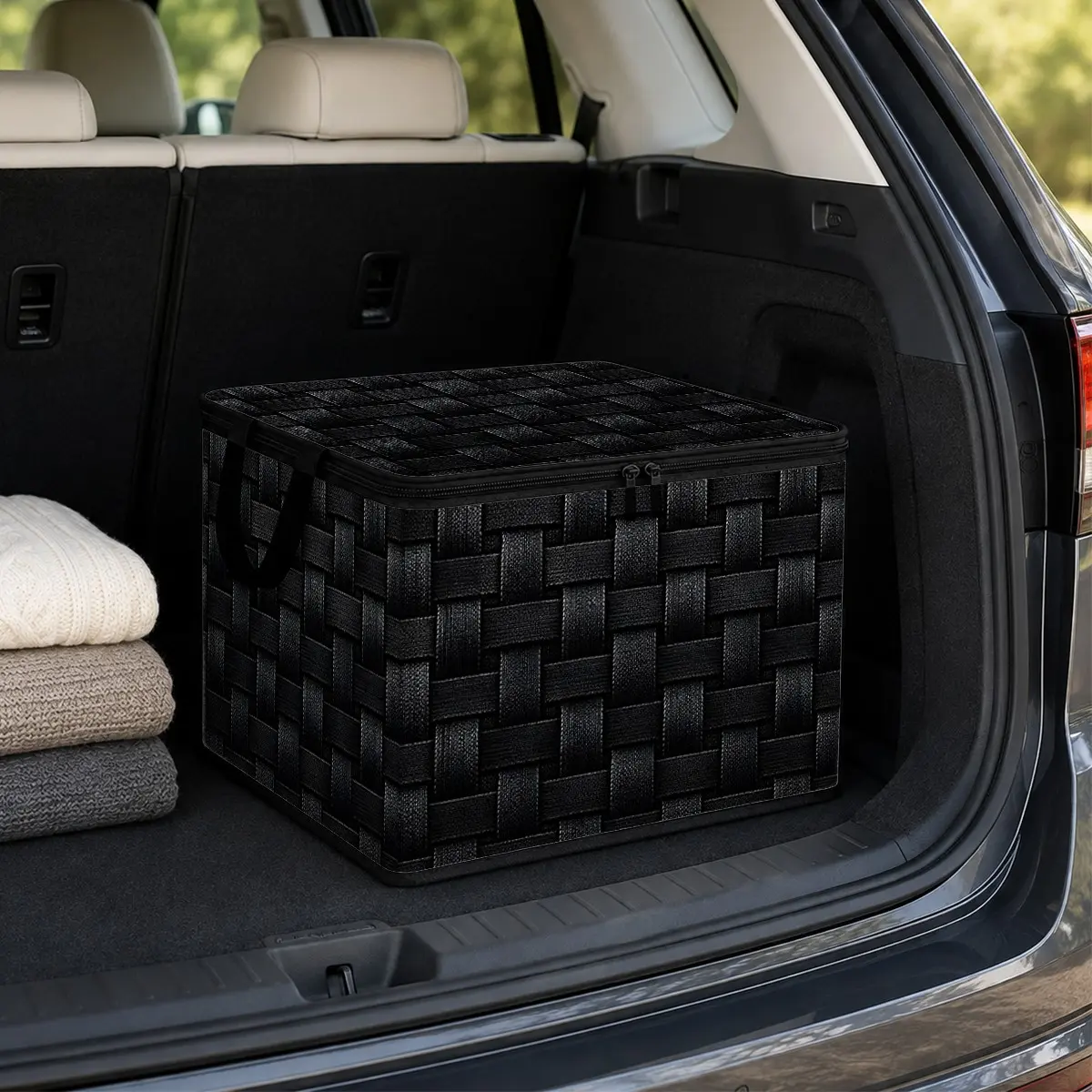 1pc Foldable Black Storage Box, Minimalist Woven Texture Print Storage Bin with Basket-Weave Pattern, Modern Fabric Organizer for Clothes Toys Books Bedroom Closet Living Room, Storage Container