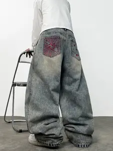 Men's Vintage Loose Fit Denim Jeans, Trendy Embroidered Pockets, Y2K Street Style, Comfortable All-Seasons, Multiple Sizes Available