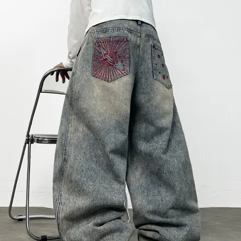 Men's Vintage Loose Fit Oversized Jeans, Trendy Embroidered Pockets, Y2K Street Style, Comfortable All-Seasons, Multiple Sizes Available