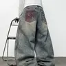 Men's Vintage Loose Fit Oversized Jeans, Trendy Embroidered Pockets, Y2K Street Style, Comfortable All-Seasons, Multiple Sizes Available