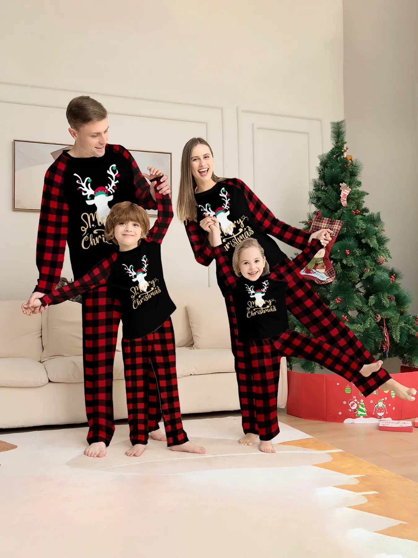 Gold Reindeer Christmas Family Pajamas Set, Adult & Child Long Sleeve Pants, Soft Fabric, Perfect for Holidays & Home Wear