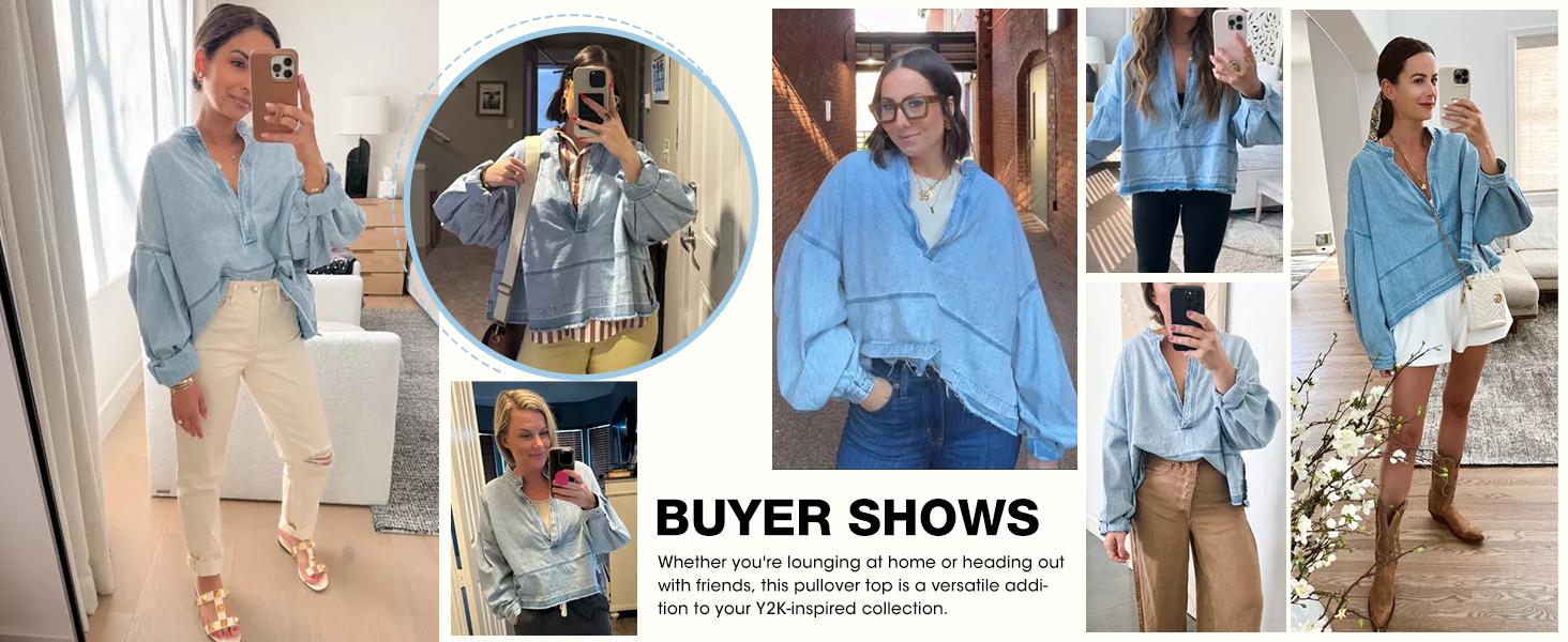 FMEYOA Womens Denim Tops Pullover Trendy Casual V Neck Loose Fit Puff Sleeve Jean Cotton Shirts FMEYOA Womens Denim Tops Pullover Trendy Casual V Neck Loose Fit Puff Sleeve Jean Cotton Shirts