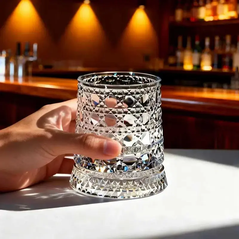 360° Spinning Whiskey Glass, Diamond Embossed Heavy Base Crystal Tumbler, Rotatable Old Fashioned Glass Cup, Unique Gift for Men for Bourbon Scotch Whiskey
