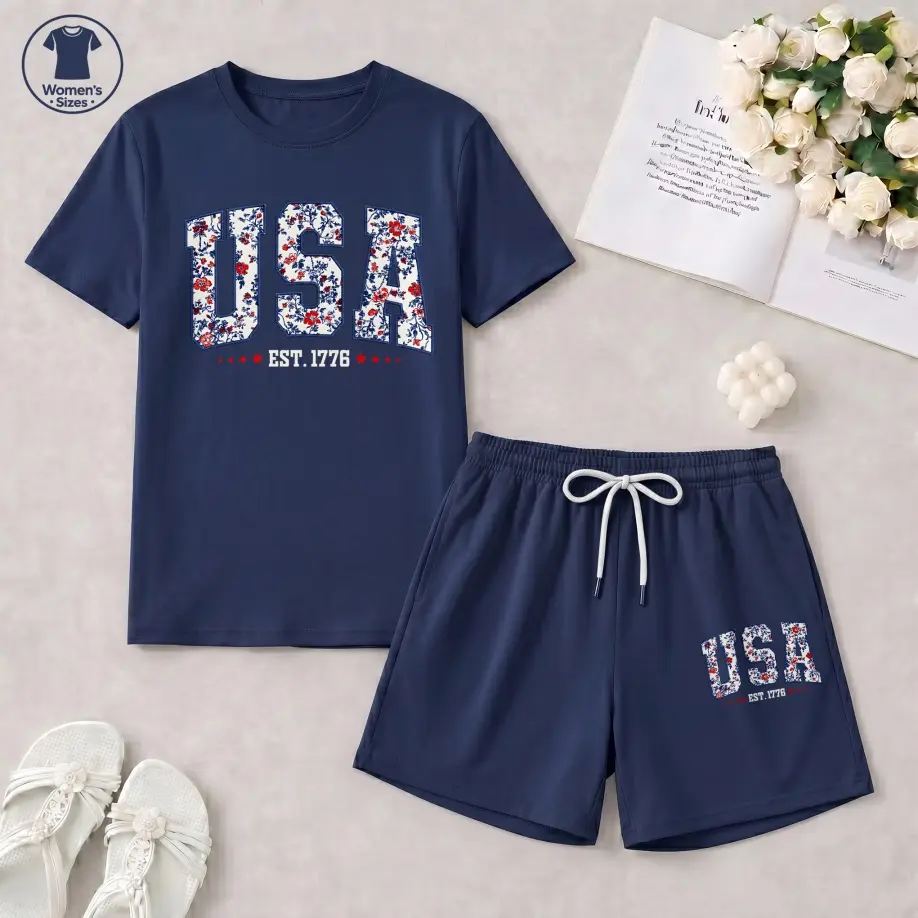 Women's  Retro Floral USA Graphic Short Sleeve T-Shirt And Shorts Set, Casual Summer Two-Piece Outfit With Crew Neck Top And Drawstring Waist Shorts For Daily Wear