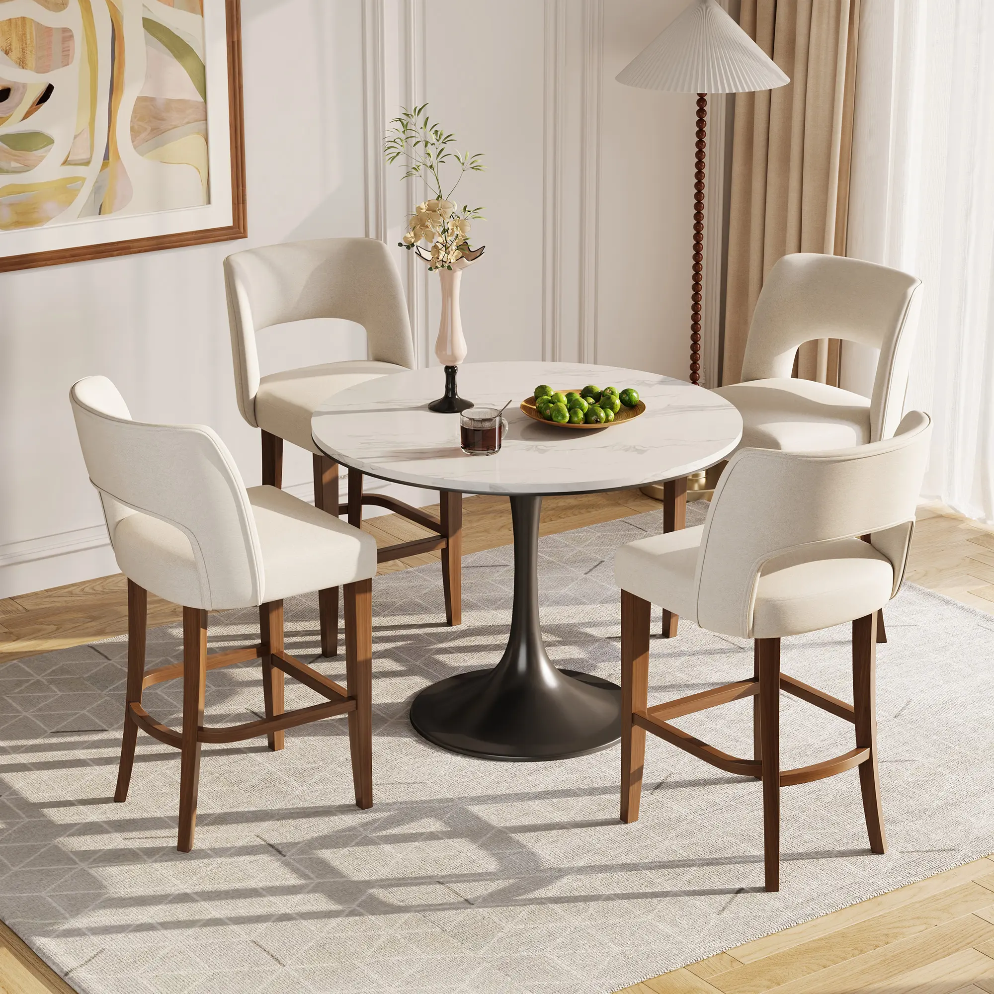 Modern Ergonomic Bar Stools Set of 2 – 26 Inch Upholstered Counter Height Chairs with Backrest, Solid Wood Legs, For Kitchen Island, Dining Room or Home Bar – Beige, Green, Black with Oak Accents