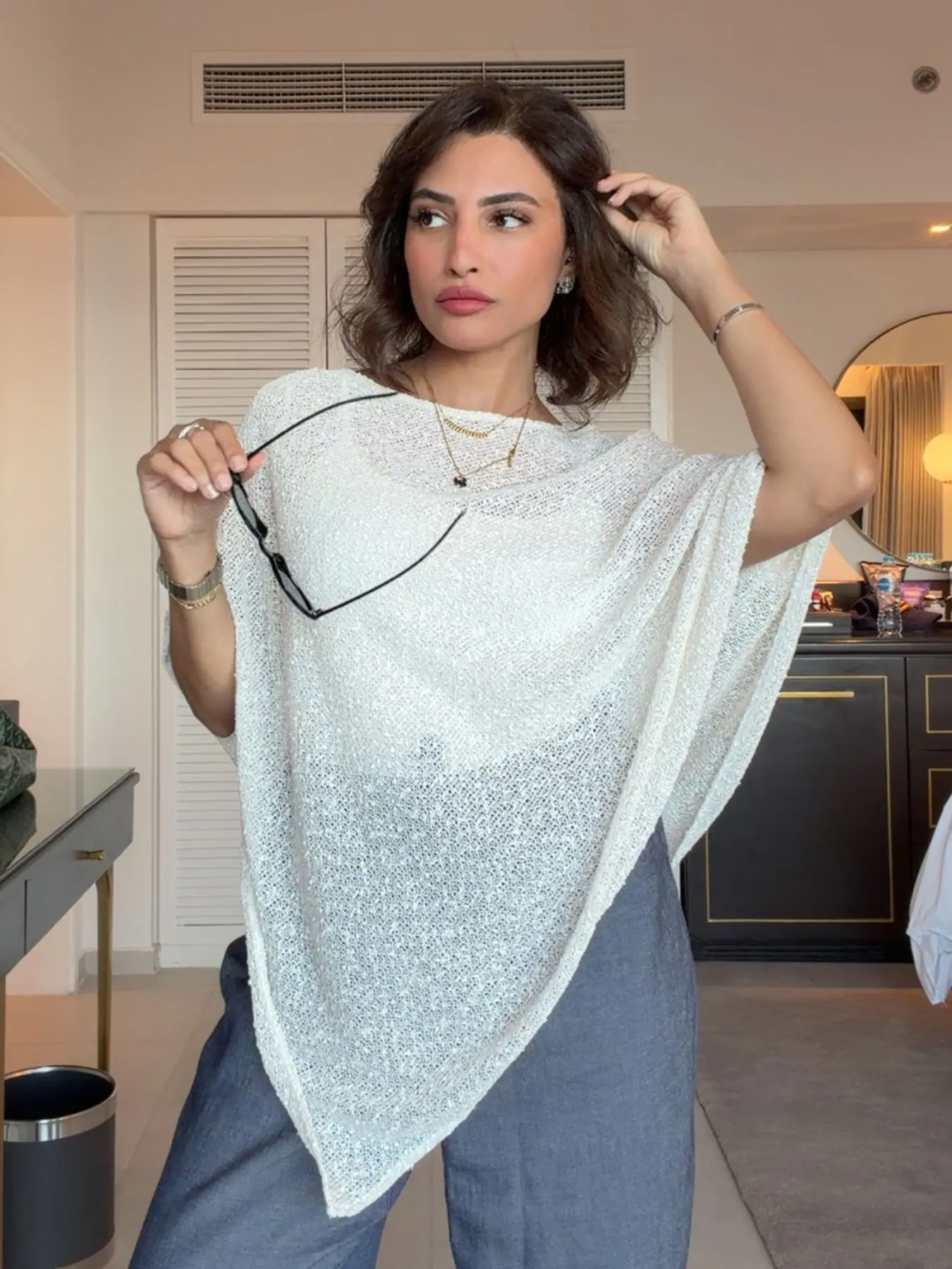 Women's Cape Asymmetric Cape Top Women Metallic Thread Knit Tops for Women Semi Sheer Summer Casual White Cape Woman Cape Holiday Beach Women's Cape Tops
