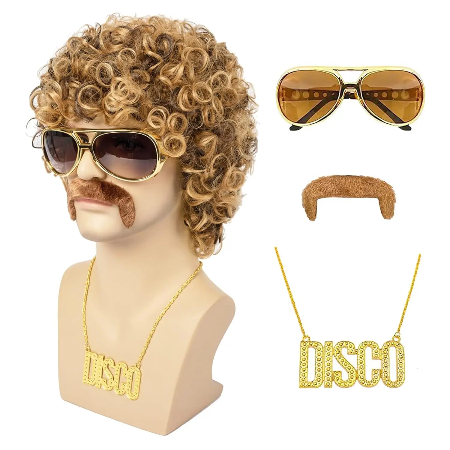 70s Disco Costume 5Pcs Set - Men's Short Curly Natural Fluffy Synthetic Afro Wig with Glasses, Necklace, Mustache & Wig Cap for Halloween Party(Gift)