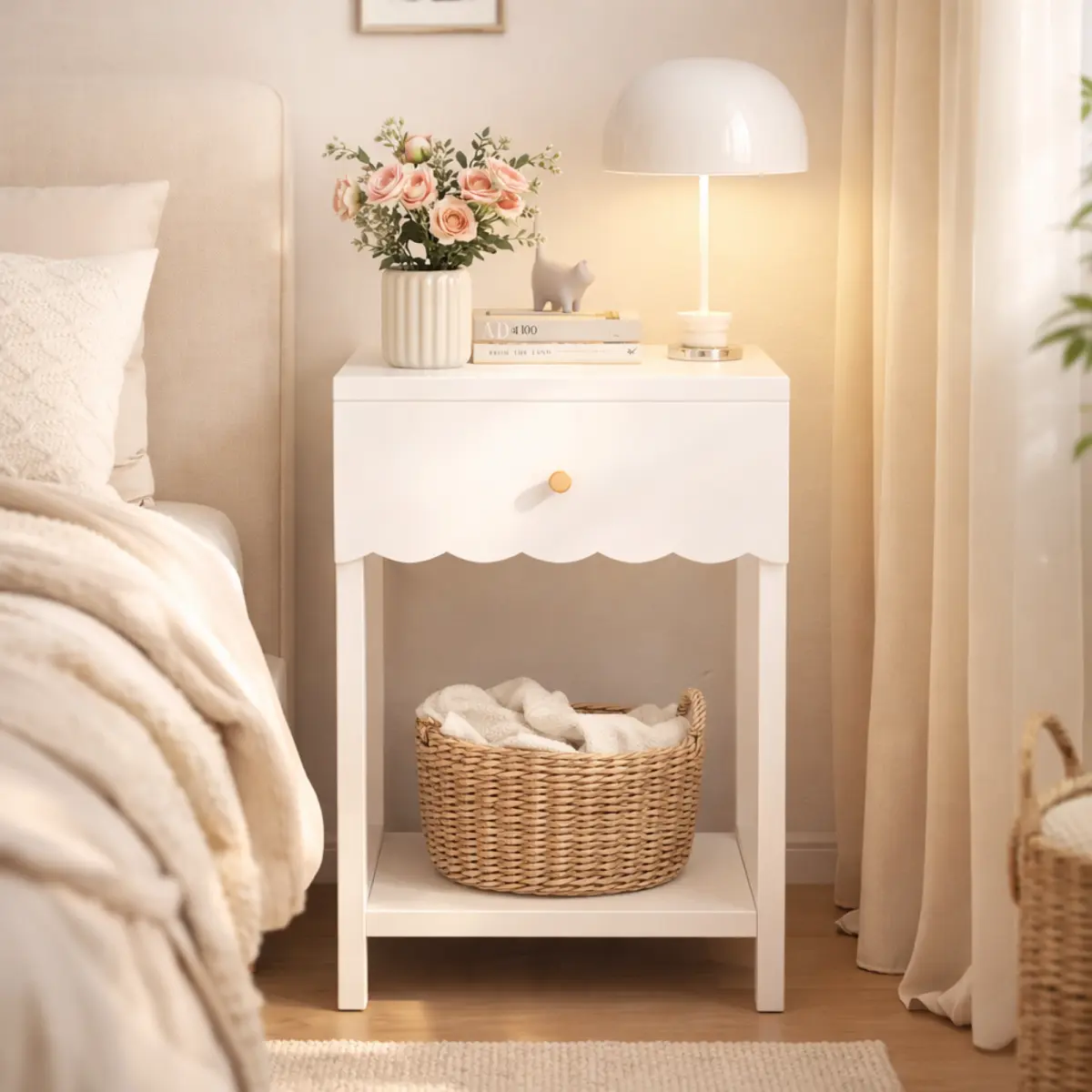 Modern White Engineered Wood Nightstand with Drawer, Open Shelf, Scalloped Edge - Quick Setup, Slim Profile, Ample Storage Space - Bedroom Bedside Table, Kids’ Room Minimalist Side Table