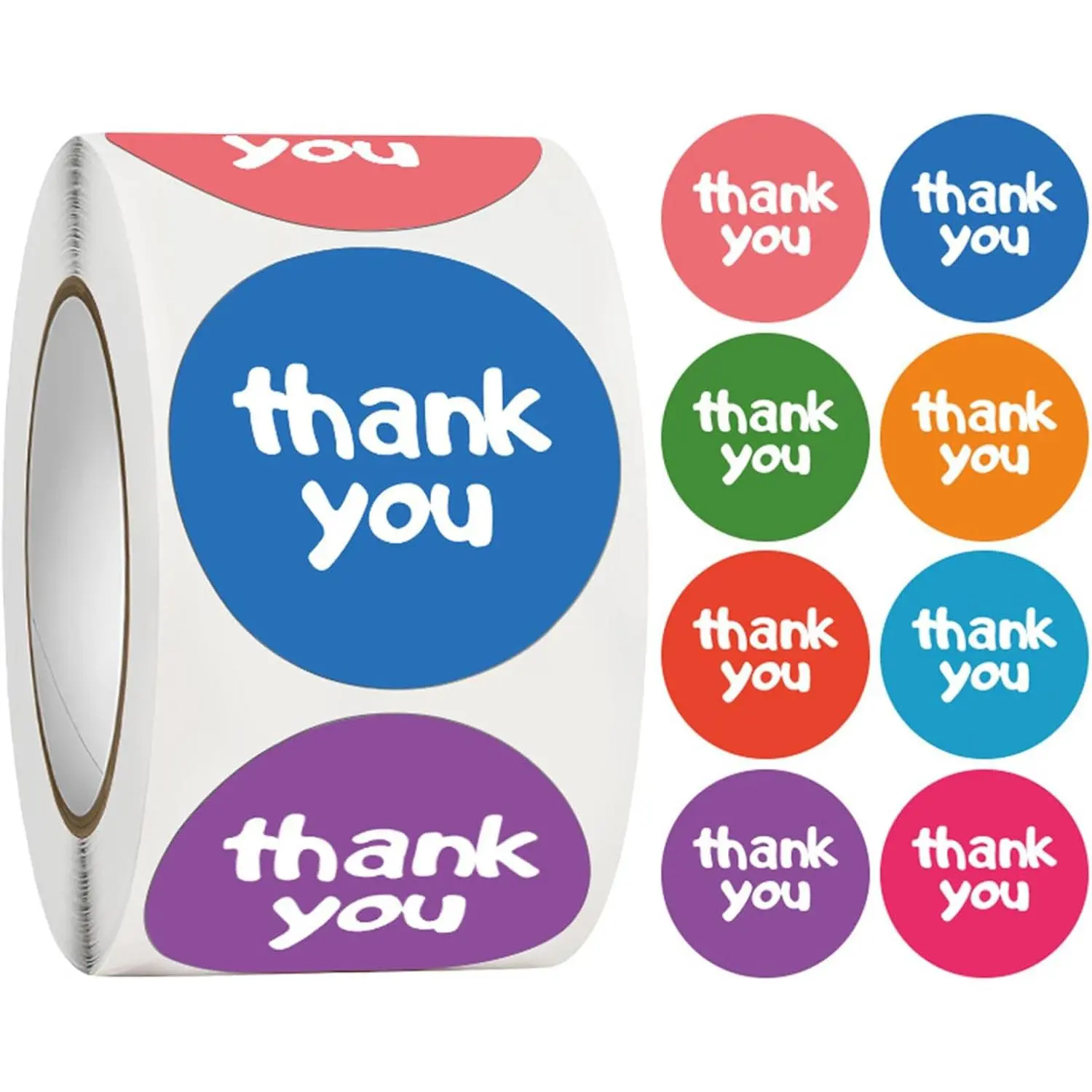 500-Count Round Self-Adhesive Sticker Roll, 1in Small Thank You Adhesive Stickers for Small Biz Packaging, 8 Candy Color Seals for Envelope Wraps (Colorful)