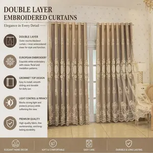 1 piece of 【Double-layer Embroidered Curtain】 with a coffee-colored blackout curtain on the outer layer and a sheer curtain on the inner layer, featuring white European-style pattern embroidery, a French floral embroidered double-layer blackout curtain wi