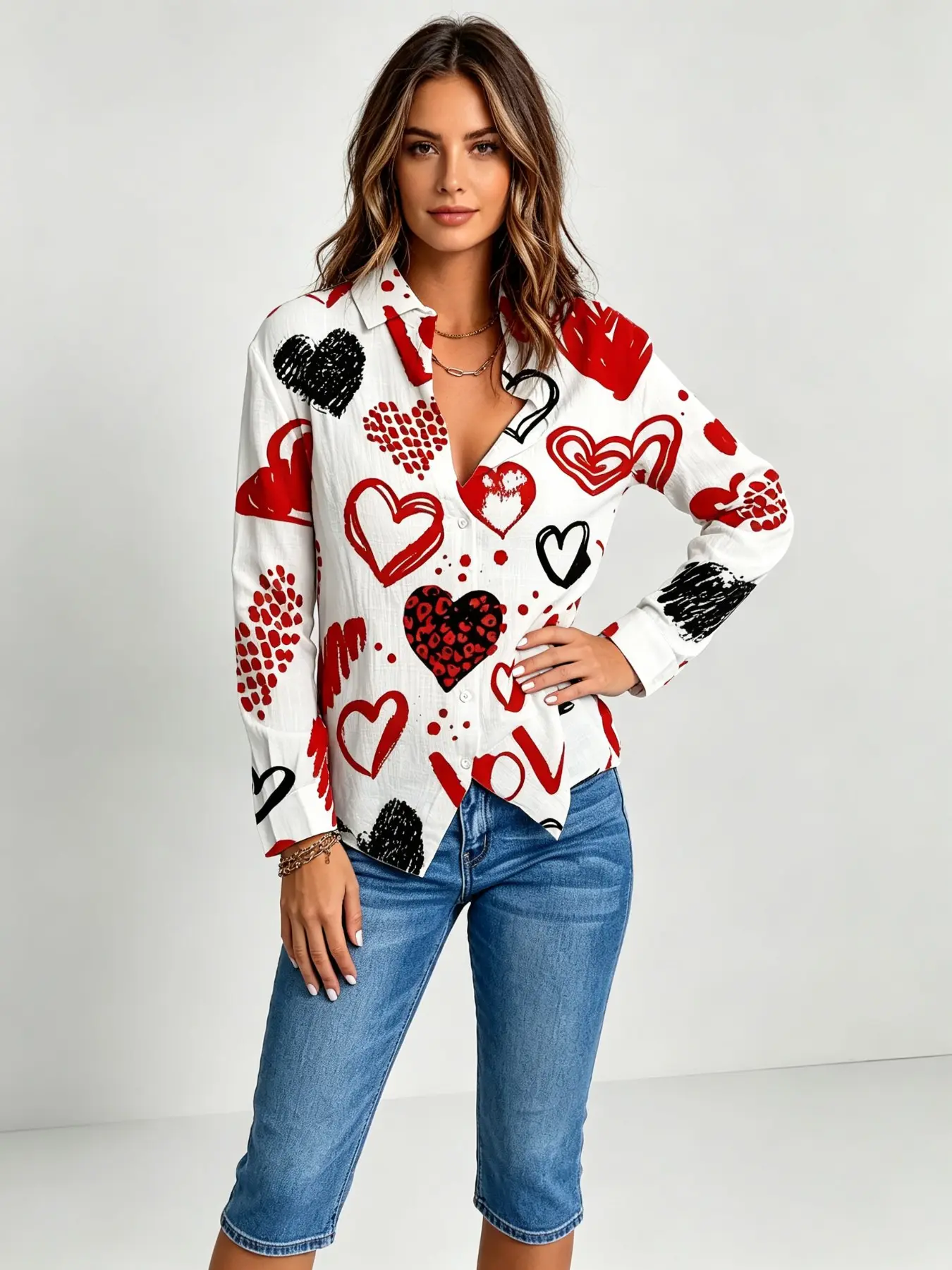 New Women's Base Graffiti Heart Print Shirt, Leopard Pattern Heart Hand-Drawn Stroke Collar Long Sleeve Blouse