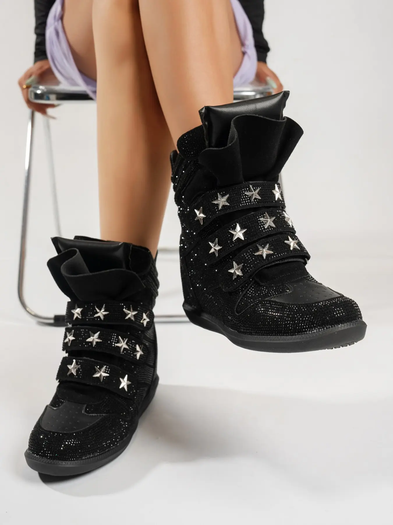 Autumn Winter New Arrival Rhinestone Star Velcro Inner Heel Wedge High Top Short Boots, Street Style Thick Sole Anti-Slip Casual Women's Shoes