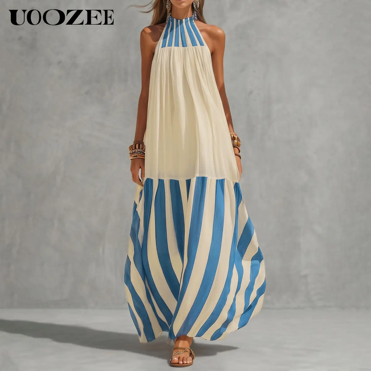 UOOZEE Women's Boho Halter Maxi, Comfy Oversized Color Block Sundress with Adjustable Tie-Back, Spandex Lined for Island Vacations, Flat, Breathable, Halter Neck, Party, Beach, Earrings, Bag, Polyester, Smooth, Minimalist, Vibe, Shell, Matching