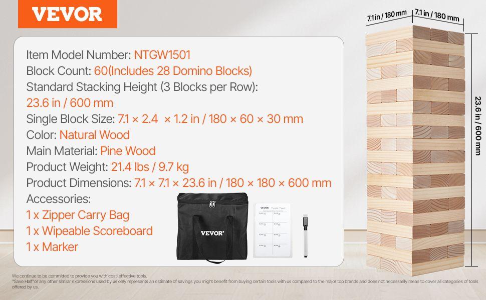 Tumbling Timber Toy 60 Blocks Giant Tumble Tower Blocks Game Pine Wood Bag