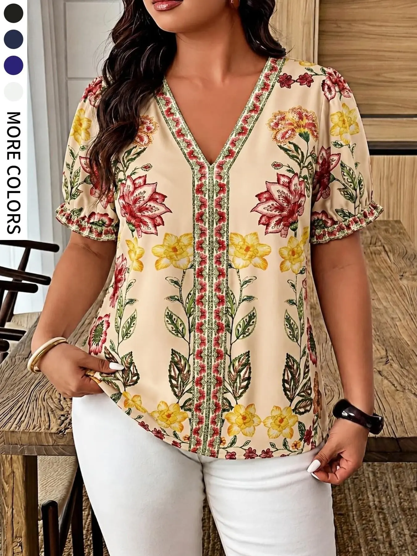 Plus Size Women's V Neck Printed Lantern Sleeve Blouse Shirt Tops, Pleated Ruffle Short Sleeve, Loose Fit, Casual Elegant Chic Feminine Style, Daily Travel Garden Party