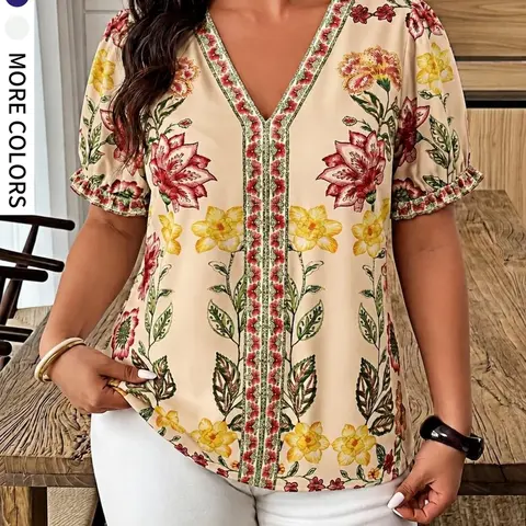 Women's Plus Size Boho V Neck Printed Short Lantern Sleeve Pleated Blouse, Loose Fit, Casual Elegant Style Shirt for Daily Wear, Travel, Garden and Party