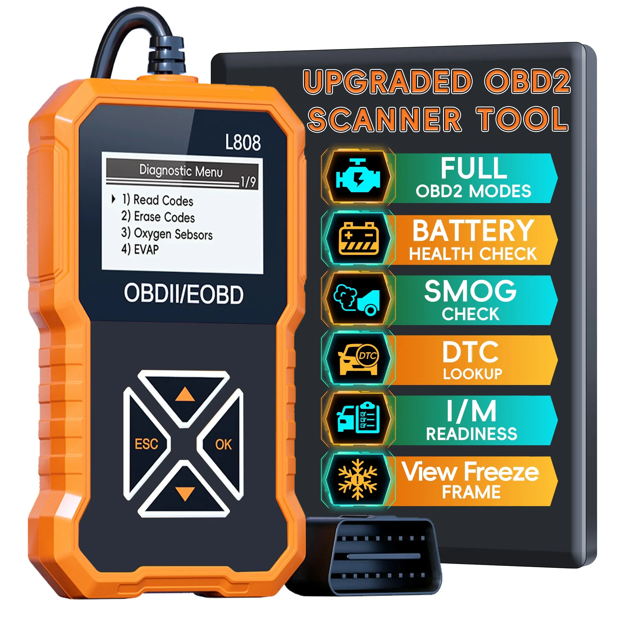OBD2 Scanner Diagnostic Tool, Automotive Car Code Reader with Built in DTC Lookup, Check Engine Light Reader, Live Data, I/M Readiness, Battery Voltage Test, for 1996+ Vehicles