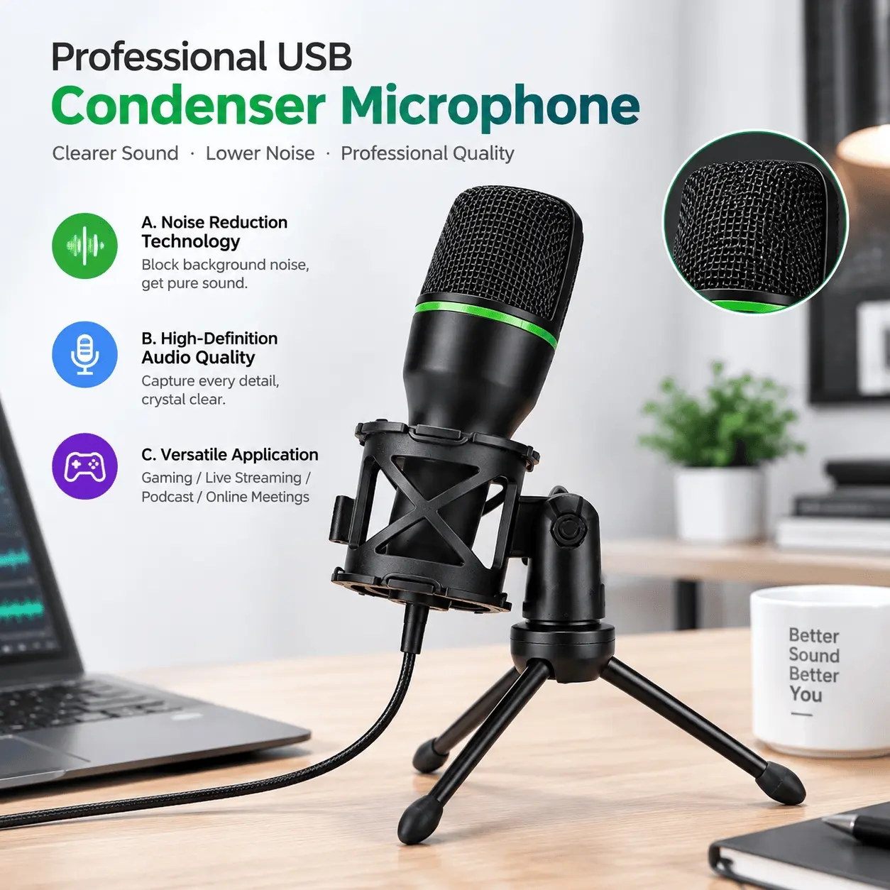 1 Piece USB-Powered Adjustable Microphone, Professional USB Condenser Microphone, Noise Reduction Mic, Supports Live Streaming, Video Recording, Suitable for PC and Laptop
