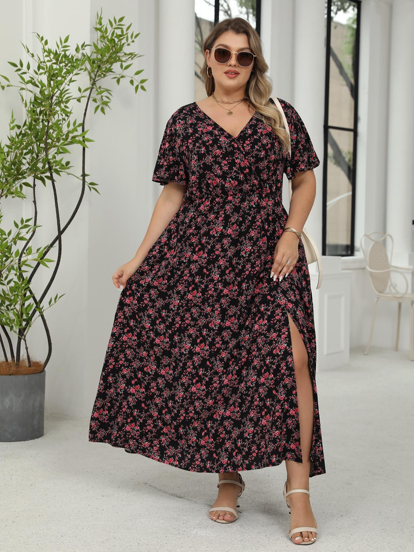 【Plus Size】 Ditsy Floral Print Wrap Split Thigh Dress, Boho Fashion Dress, Boho Butterfly Sleeve V Neck A Line Dress for Beach Holiday Vacation, Women's Clothes for Summer