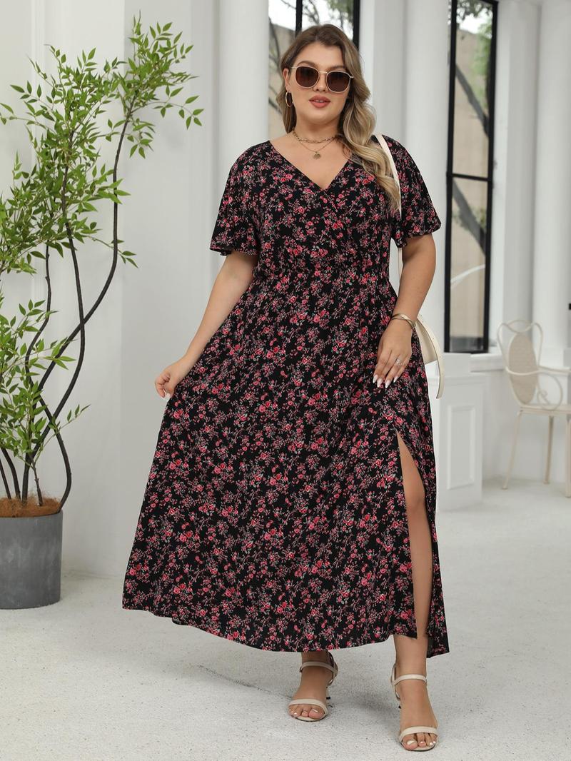 【Plus Size】 Ditsy Floral Print Wrap Split Thigh Dress, Boho Fashion Dress, Boho Butterfly Sleeve V Neck A Line Dress for Beach Holiday Vacation, Women's Clothes for Summer