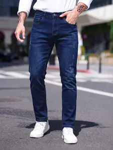 Men's Elastic Jean Slim Fit Jeans, Deep Blue Casual Pants, All Season Wear, Comfortable and Stylish, Perfect for Daily