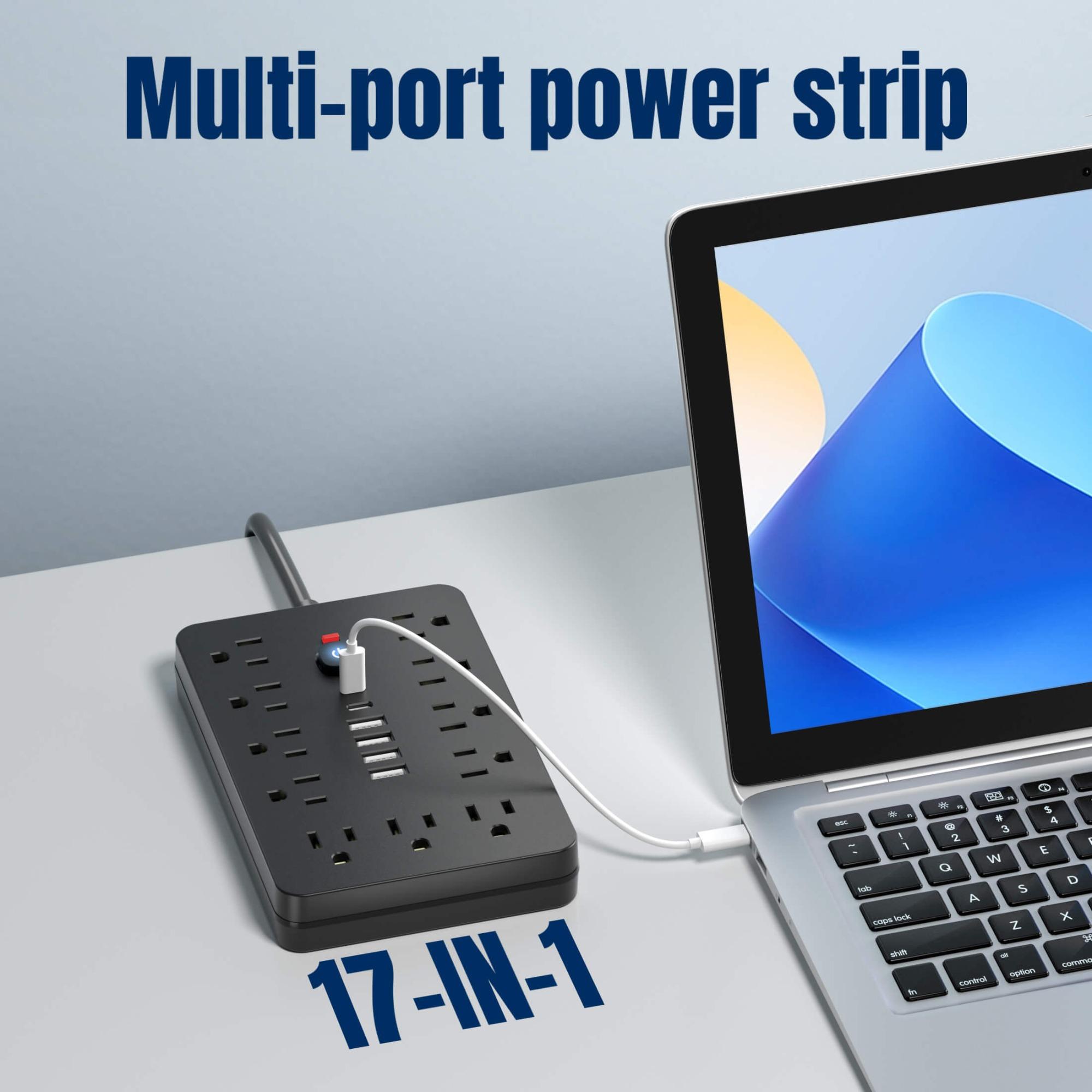 17 In 1 Surge Protector Power Strip, Wall Mounted Compact Desktop Charging Station With 11 AC Outlets, USB & Type-C Ports, Suitable for Home, Office and Travel