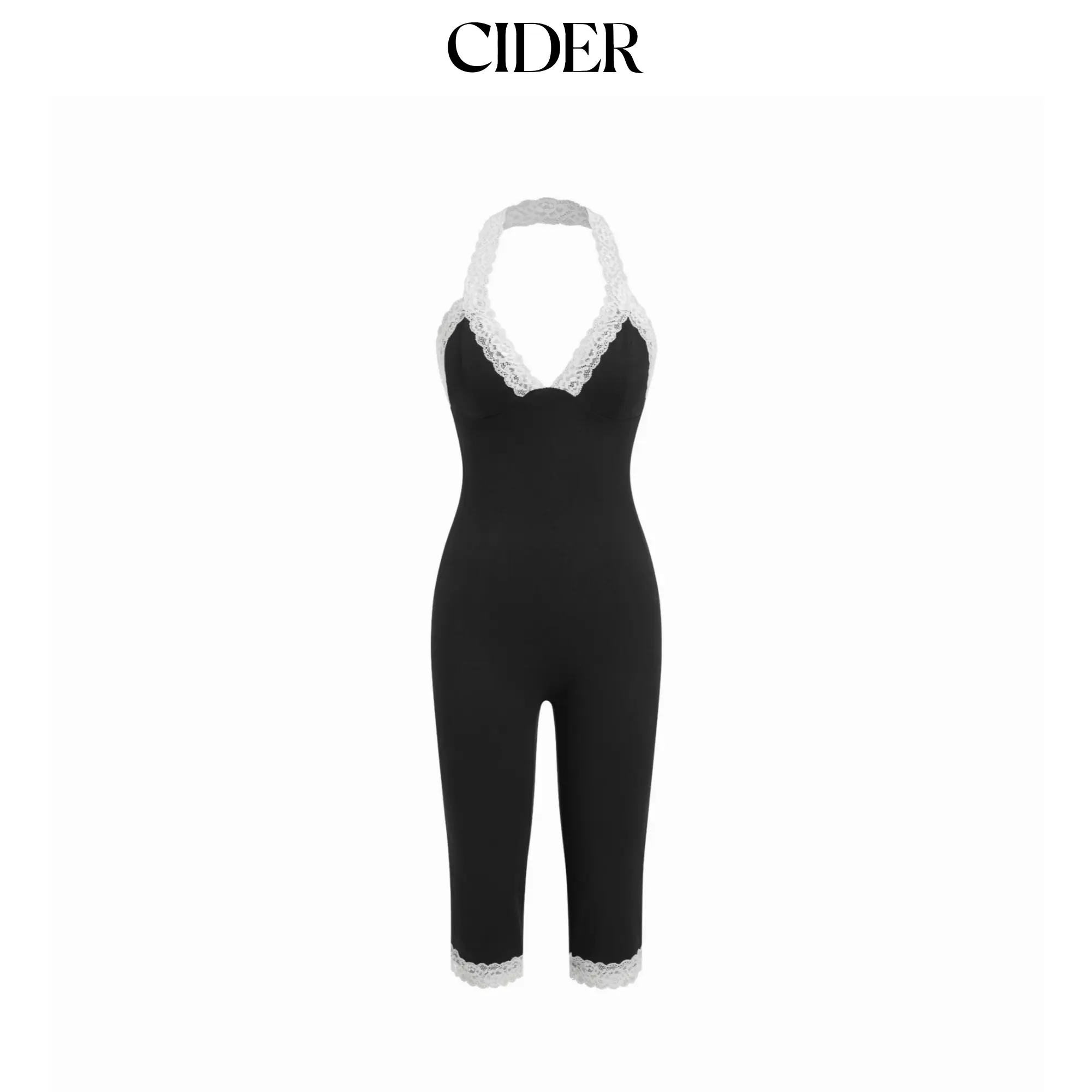Cider Halter Neckline Lace Trim Mid Rise Leggings Jumpsuit