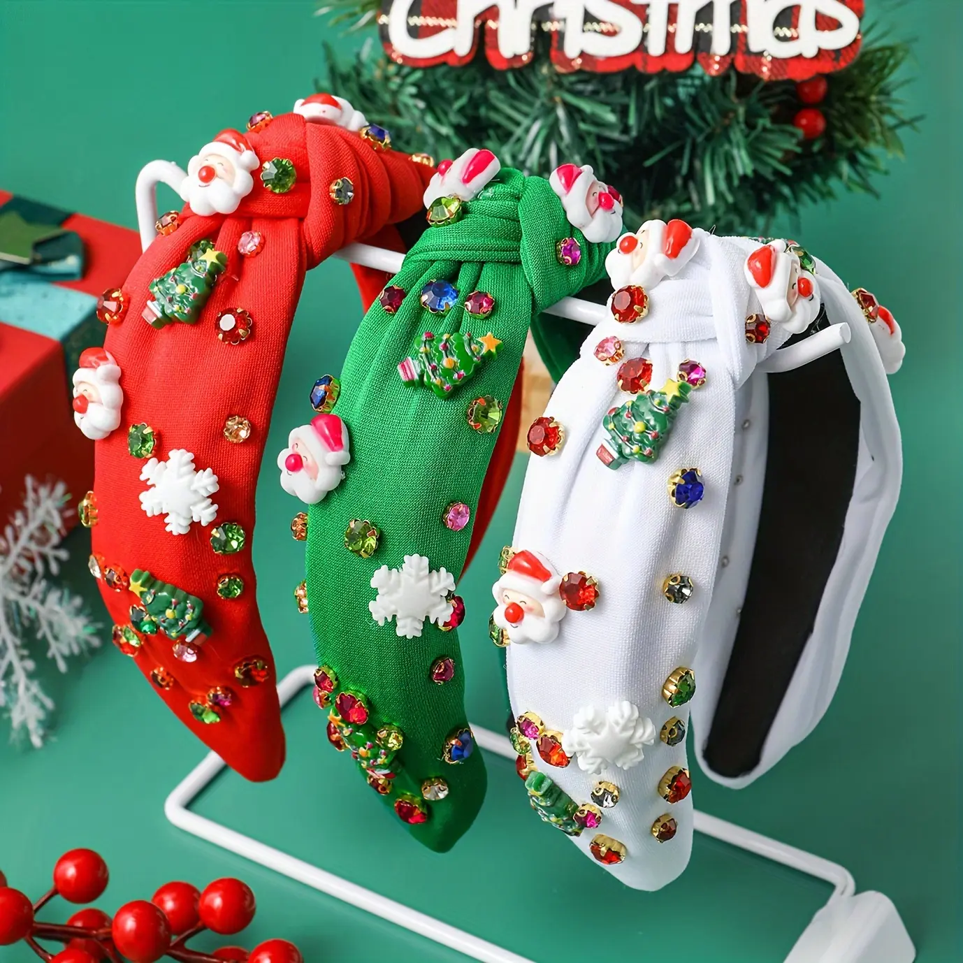 3 Women's Christmas Rhinestone Set Fabric Knot Headband, Santa Claus, Christmas Tree, Christmas Snowflake Hair Accessories, Christmas Holiday Gifts