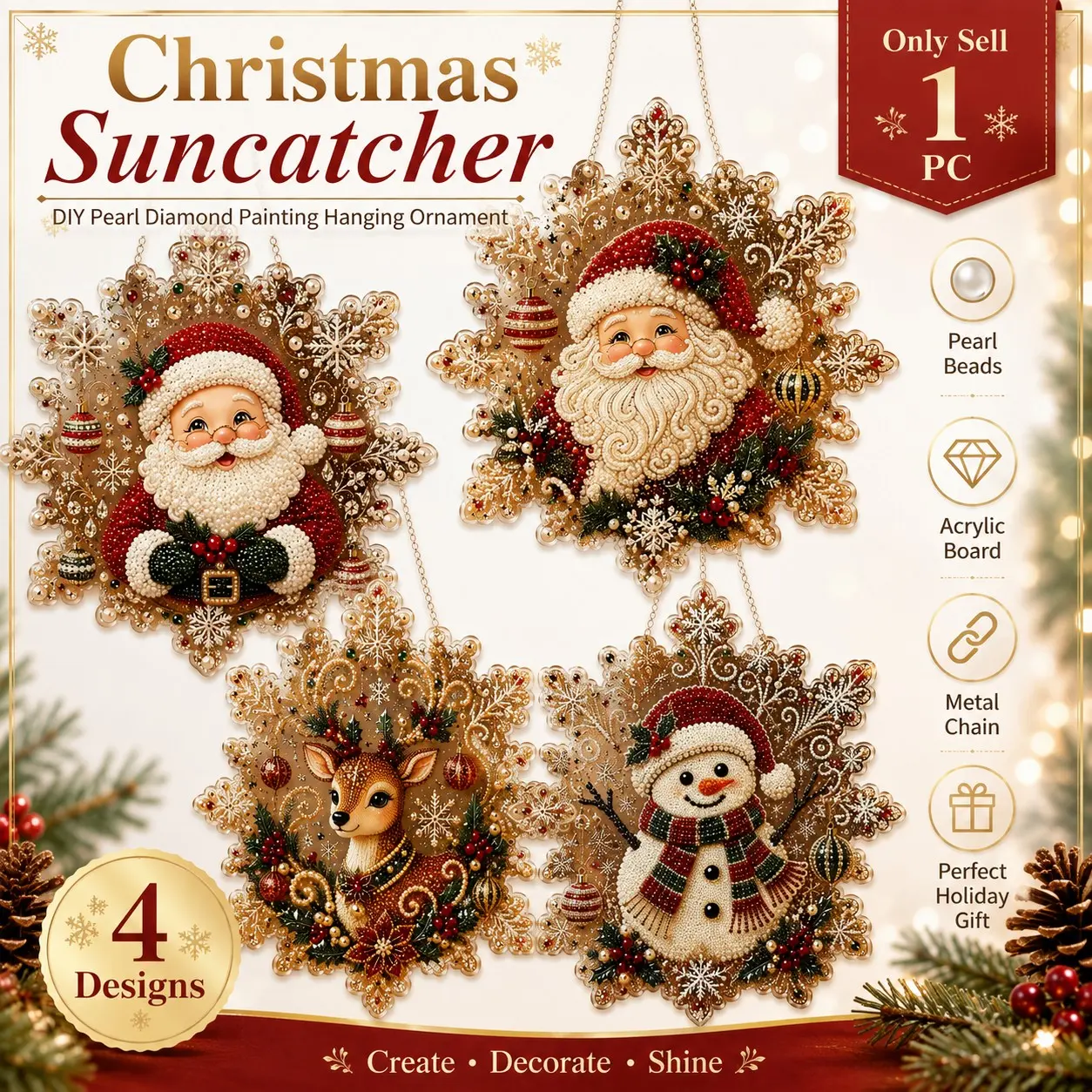 1 Set Christmas Pearl Diamond Painting Suncatcher Kit, DIY Handicraft Holiday Hanging Craft With Acrylic Snowflake Board, Pre-Assembled Metal Chain And Mixed Size Pearl Beads, Window Wall Decor For Adults And Beginners Home Decoration