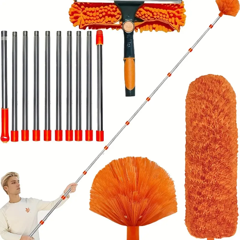 1‑Pack 6M High‑Reach Dust Removal Kit, with 1.5‑4.9M Extension Pole, 2‑in‑1 Window Cleaning Tool, Microfiber Cobweb Duster for High Ceilings