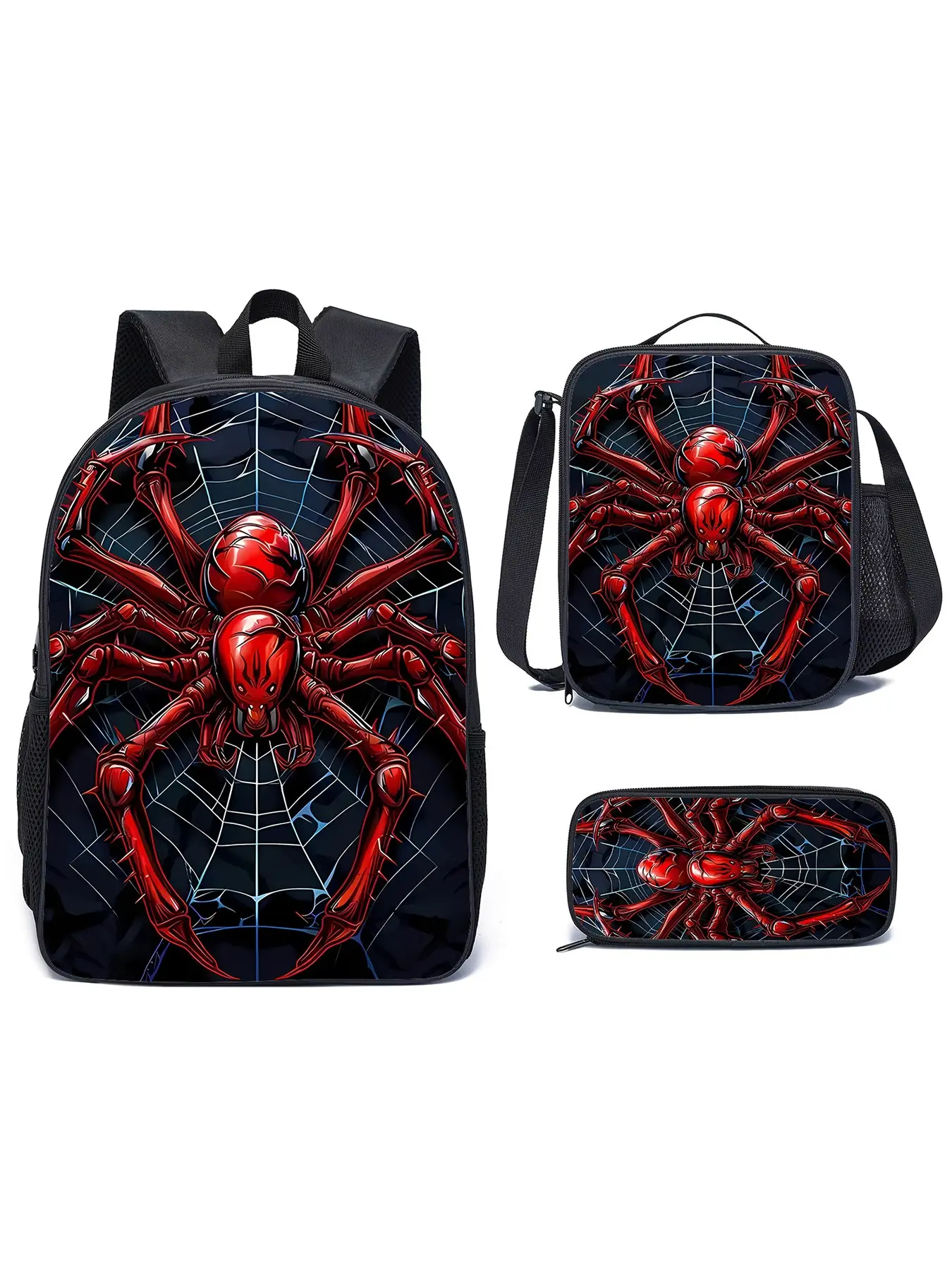 Spider Printed Backpack Three Piece Set Including (Single-Layer Backpack + Shoulder Strap Lunch Bag + Single-Layer Pencil Bag) School Backpack Geometric Pattern Backpack