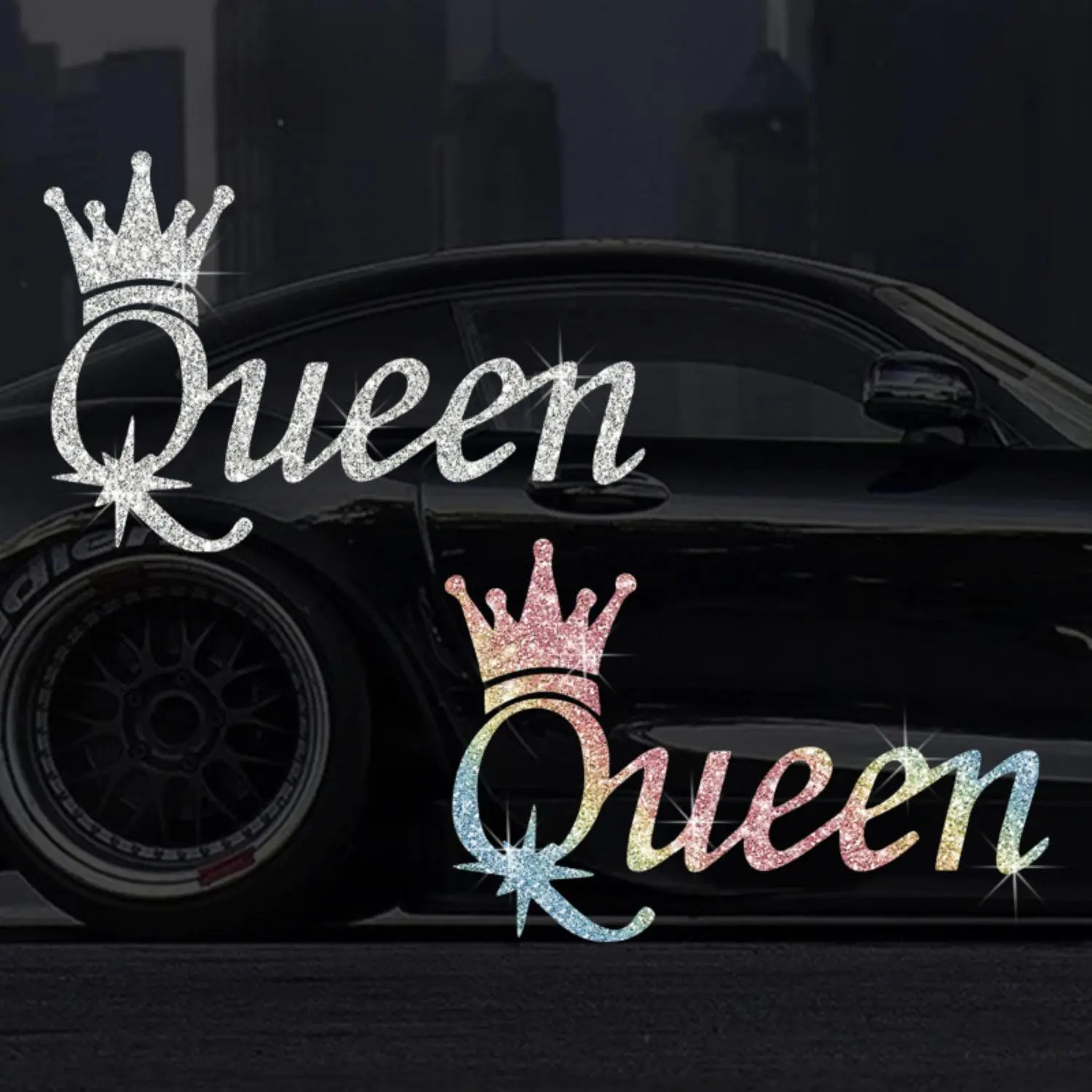 Glitter Queen Crown Car Sticker — Sparkly Rainbow Lettering Decal, Reflective Bling Exterior Decor for Women & Girls, Waterproof Vinyl Auto Accessory for Windows, Bumper & Fuel Tank, Stickers For Cars, Car Window Decals
