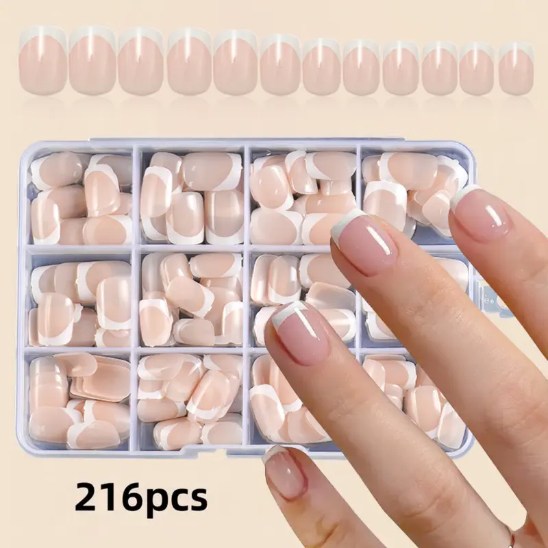 216pcs Nude Short French Press-On Nails, False Nail, French Tips Nails, Glossy Full Coverage Removable Nails, Perfect for Daily Use and Party Events