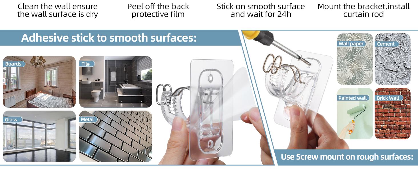 No Rod Bracket Holders, (8 Pack) Self, No-Nail Stick on Wall Rod Hangers for Bedroom and Livingroom