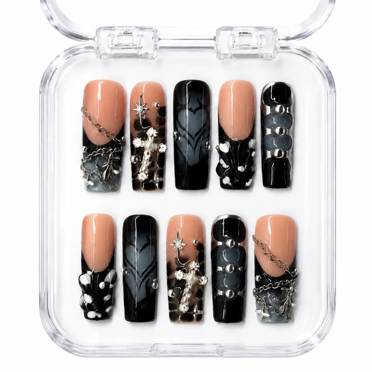10Pcs Handmade Medium Long Square Press On Nails, Gothic Nude Black Gradient Fake Nails, Cross Pearl, Metal Chain & Heart Print Rhinestone Accent Glossy Reusable Acrylic Nails Manicure Set With Prep Tools For Women filigree