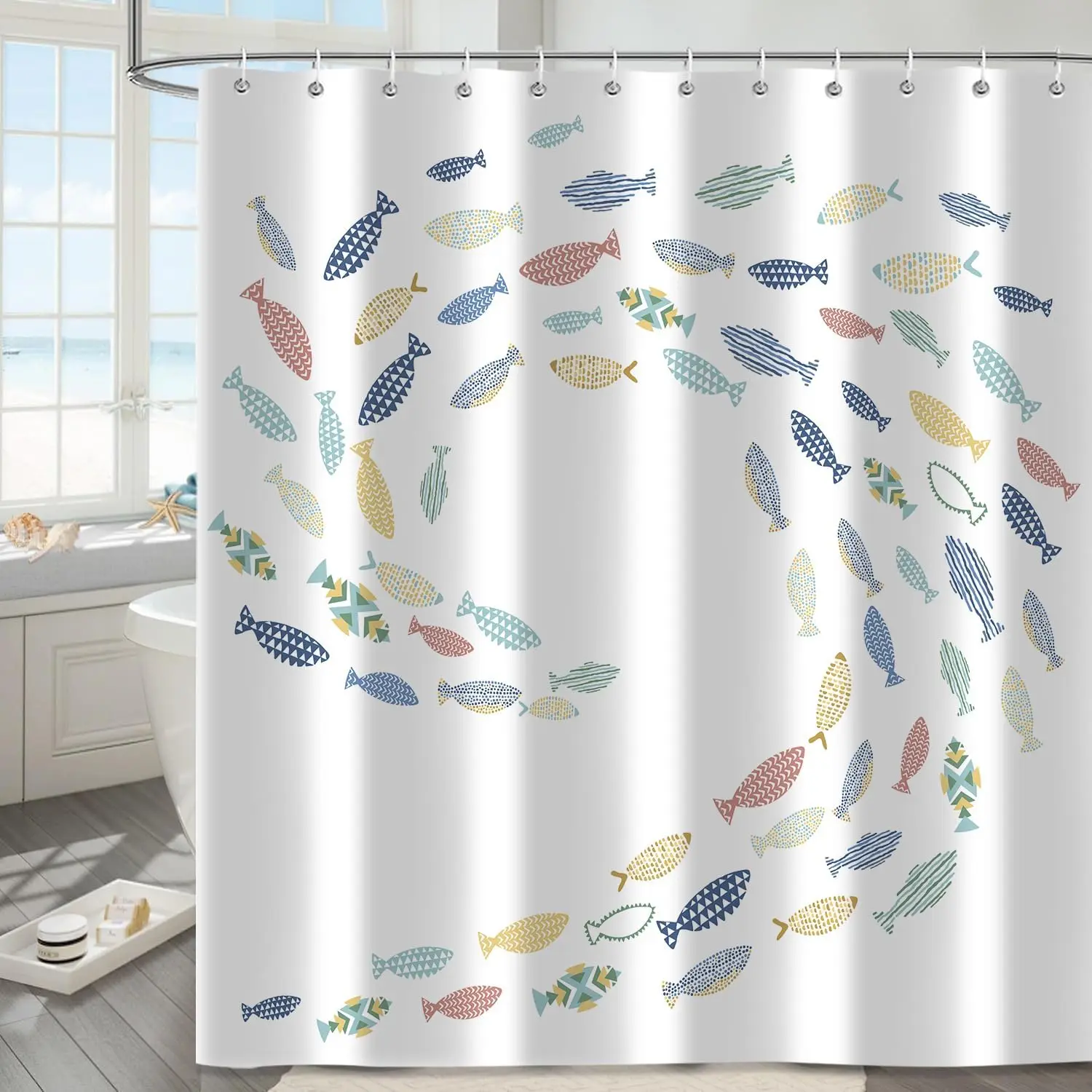 Fish Shower Curtains, Colorful Fishes Swimming Shower Curtain, White Minimalist Aesthetic Bath Curtain for Bathroom Decor Waterproof Fabric Cloth with Hooks
