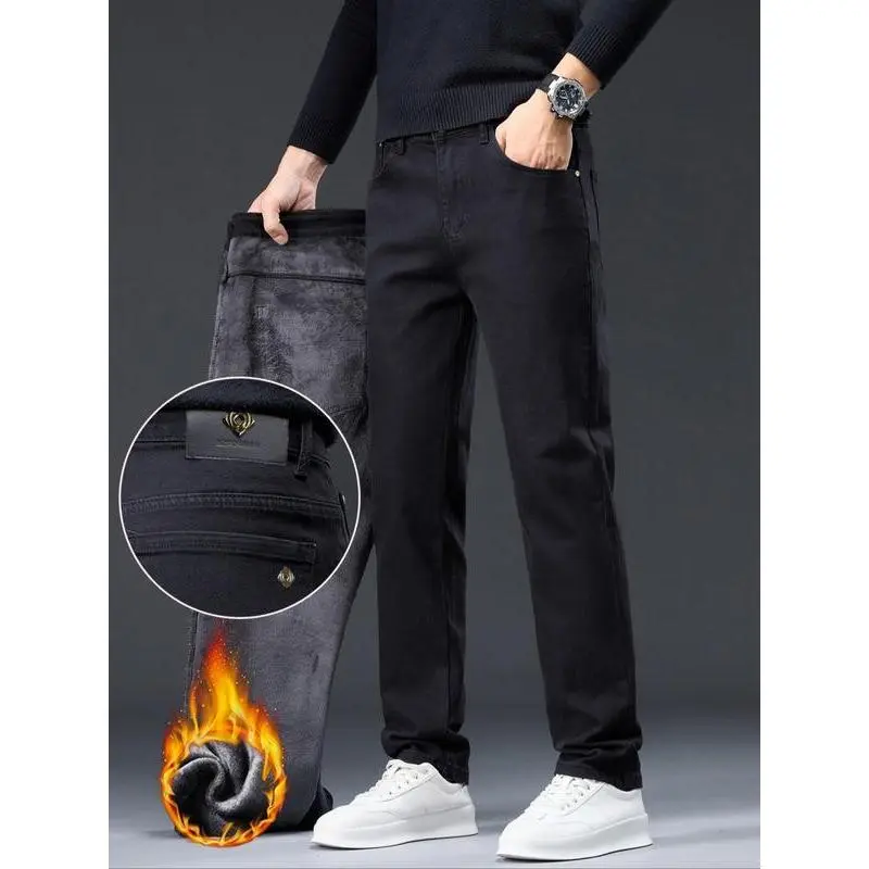 Men's Fall Winter Fleece Lined Thickened Slim Fit Straight Leg Casual Pants, Comfortable Long Washed Elastic Denim Jeans