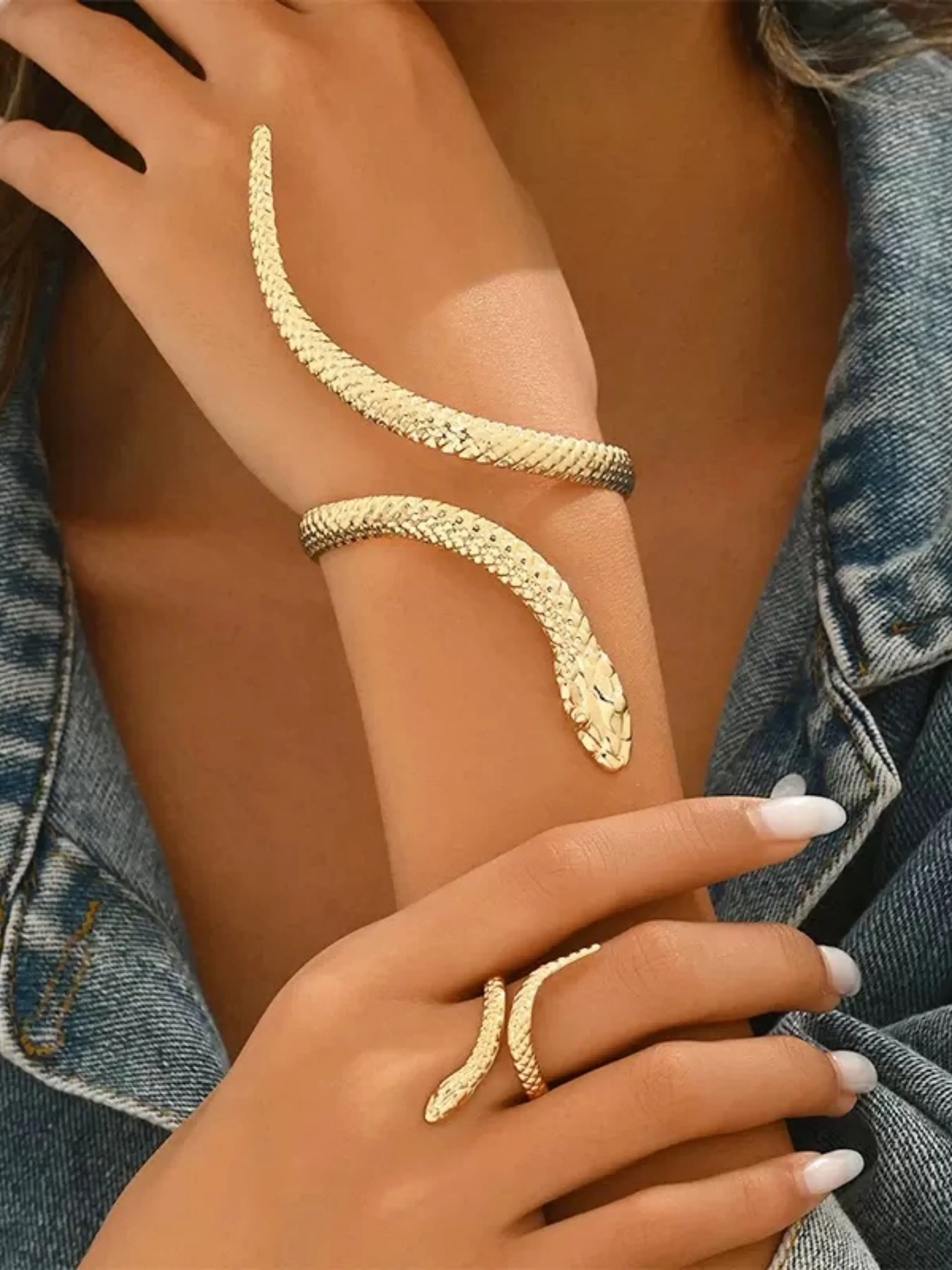 Two-Piece Snake Bracelet Ring Set, Cool European Style, Silver Color, Streetwear, Evening Gown, Layered Wear