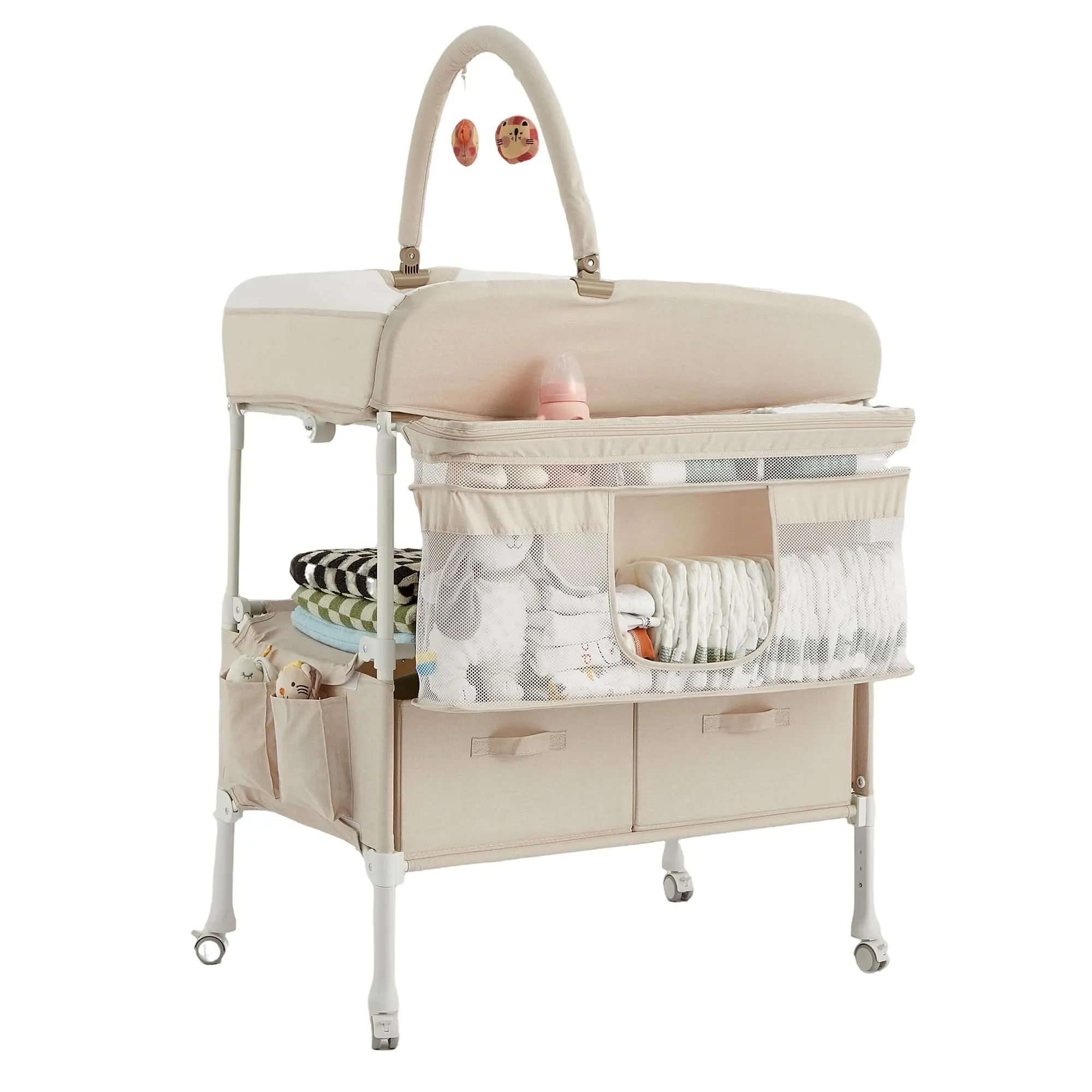 Collapsible Baby Changing Table with Wheels – Waterproof Portable Diaper Changing Station – Adjustable Height – Large Storage Drawers – CPSC Certified – Compact for Newborns and Infants