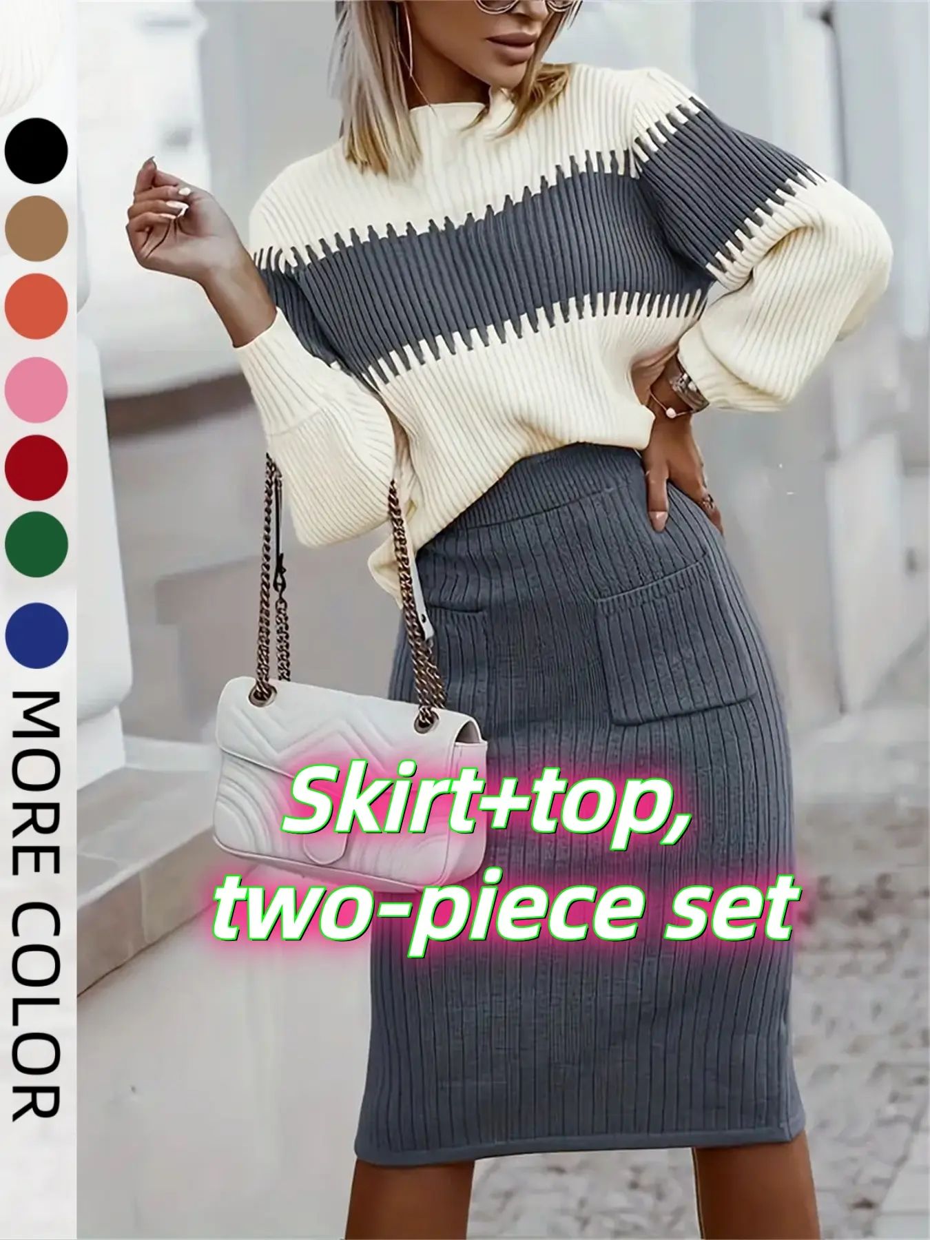 Women's Elegant Chic Colorblock Two-Piece Skirt Set, High-Waisted Long Sleeves Fitted Design, Soft Fabric Comfortable Casual Daily Wear Sweater Womenswear Clothes