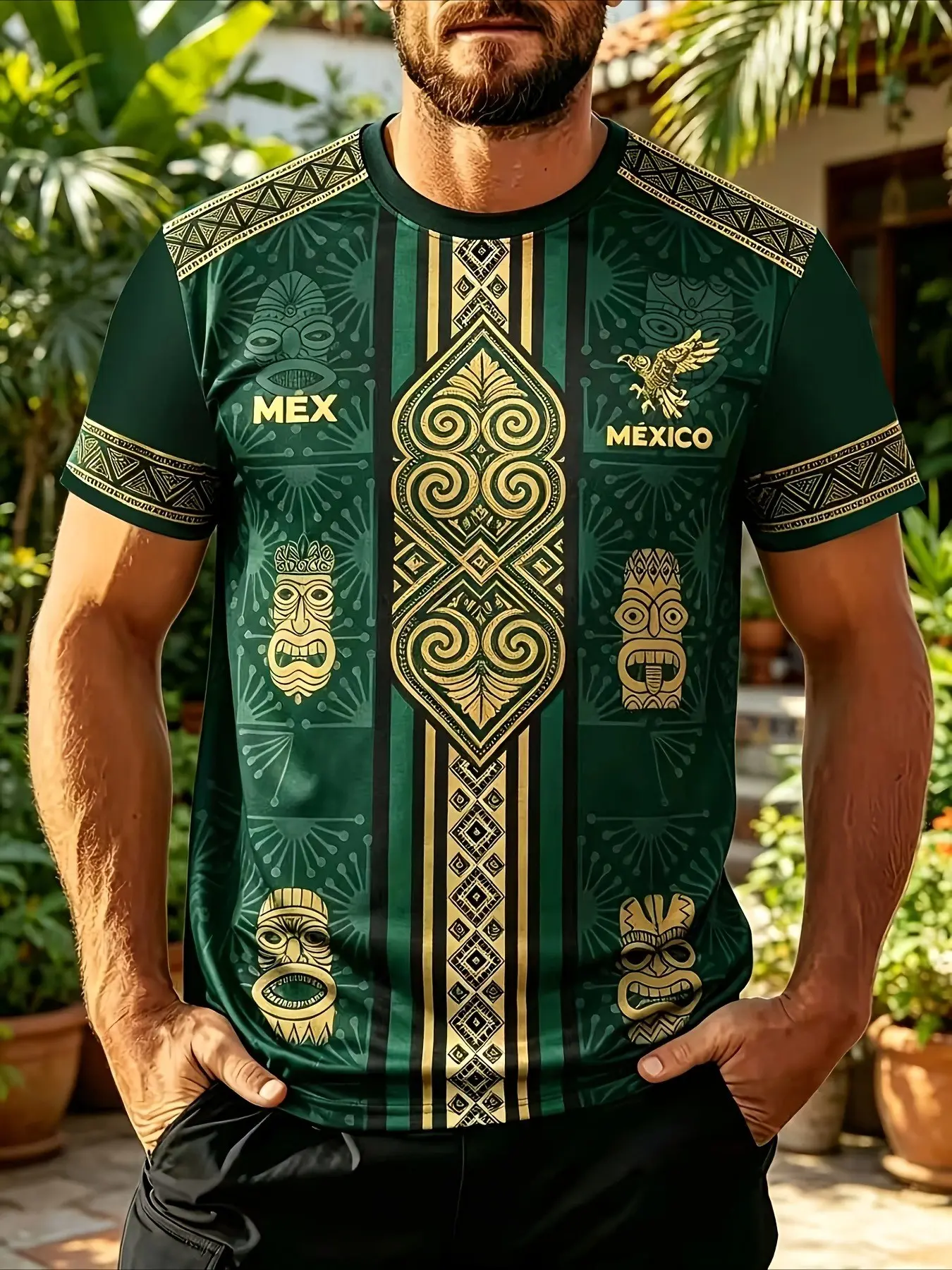 Maya Totem Mexican Retro Soccer Style Print Men's T-Shirt, Breathable Fabric, Casual Long Sleeve, Unisex, Outdoor Sports Wear